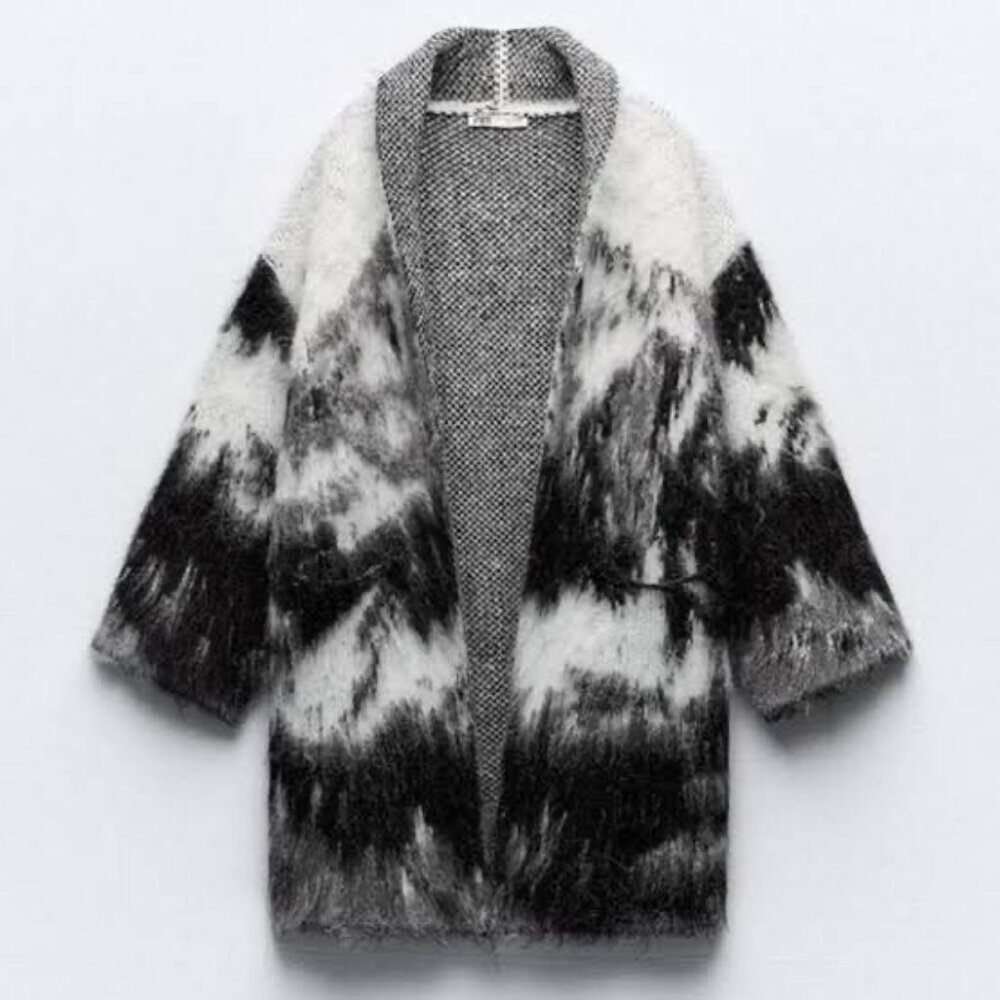 ZARA Black Gray Abstract Knit Cardigan Sweater Size S